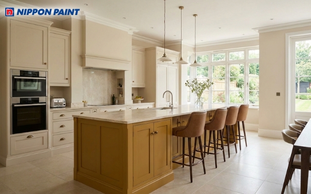 Bạn có thể sơn đảo bếp bằng màu vàng đất để tạo sự thu hút