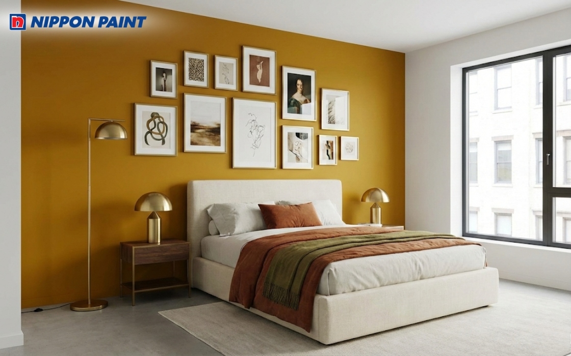 Sơn tường màu vàng đất và nội thất kim loại mạ đồng để có sự sang trọng