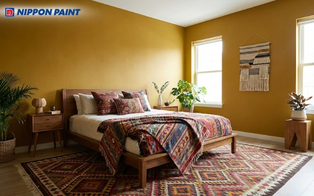 Sơn tường màu vàng đất., kết hợp các họa tiết thổ cẩm mang lại cảm giác tự do