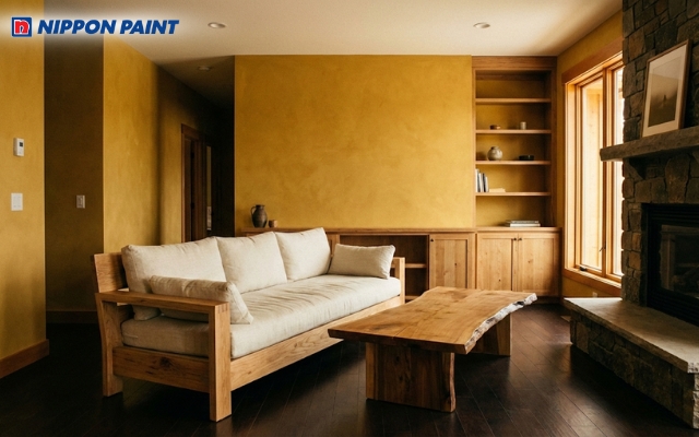 Gia chủ có thể phối tường vàng đất với nội thất gỗ tự nhiên và sàn nhà màu nâu trầm