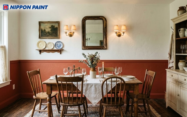 Phối đỏ gạch với trắng kem Vintage giúp không gian thêm nổi bật