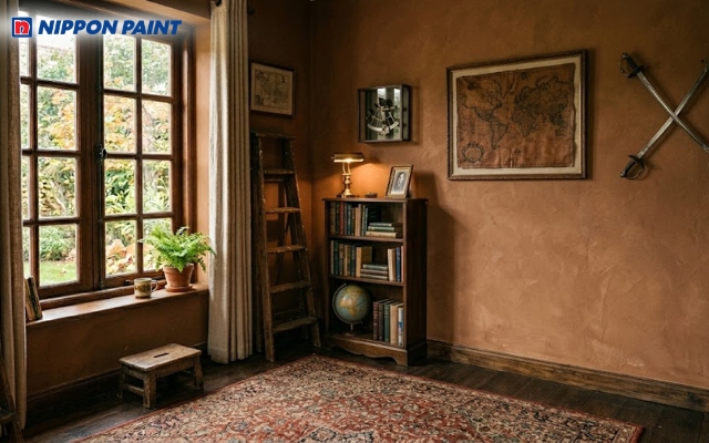 Tông nâu đất Vintage giúp góc đọc sách trở nên ấm cúng và tập trung