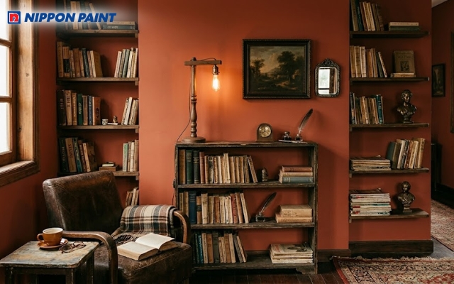 Sơn màu nâu đất Vintage tạo cảm giác thư thái cho phòng đọc sách