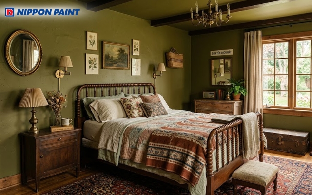 Sử dụng tông xanh olive Vintage tạo cảm giác thư thái cho giấc ngủ sâu hơn