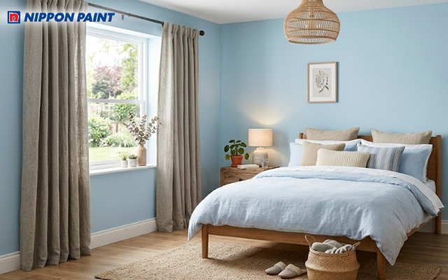 Phối màu sơn xanh pastel cùng rèm vải thô mang đậm hơi thở mộc mạc, hoài cổ