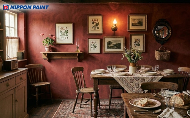 Màu đỏ trầm Vintage giúp phòng ăn trở nên sang trọng và ấm cúng