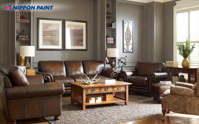 Màu xám phối cùng nâu gỗ tạo không gian phòng khách ấm cúng, sang trọng