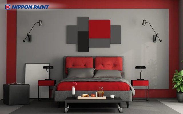 Sự kết hợp giữa màu xám và đỏ tạo điểm nhấn táo bạo, đầy năng lượng cho phòng ngủ
