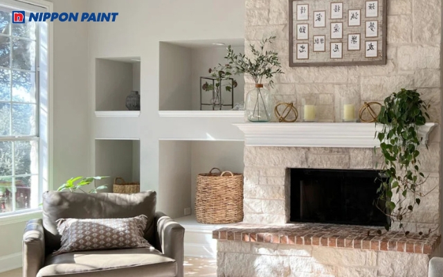 Sơn xám be trong phòng khách kết hợp nội thất gỗ và ánh sáng tự nhiên, ấm áp