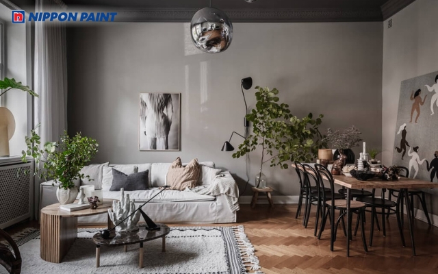 Sơn xám tiêu trong phòng khách, làm nổi bật các chi tiết trang trí hiện đại