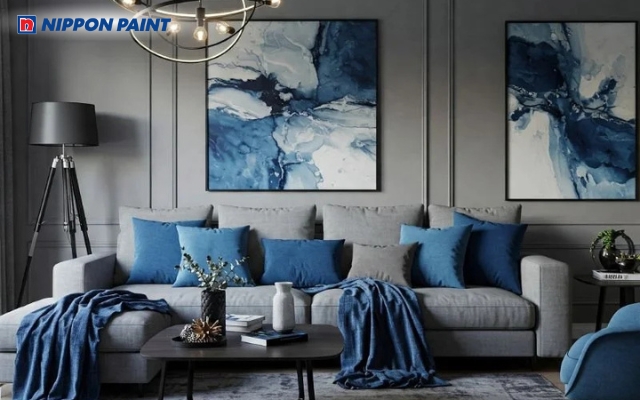 Sơn tường màu xám xanh dương tạo không gian sống hiện đại, thư thái và dễ chịu