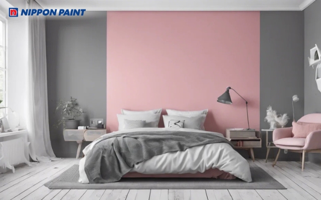 Màu xám kết hợp hồng pastel mang đến vẻ đẹp ấm áp, lãng mạn cho phòng ngủ