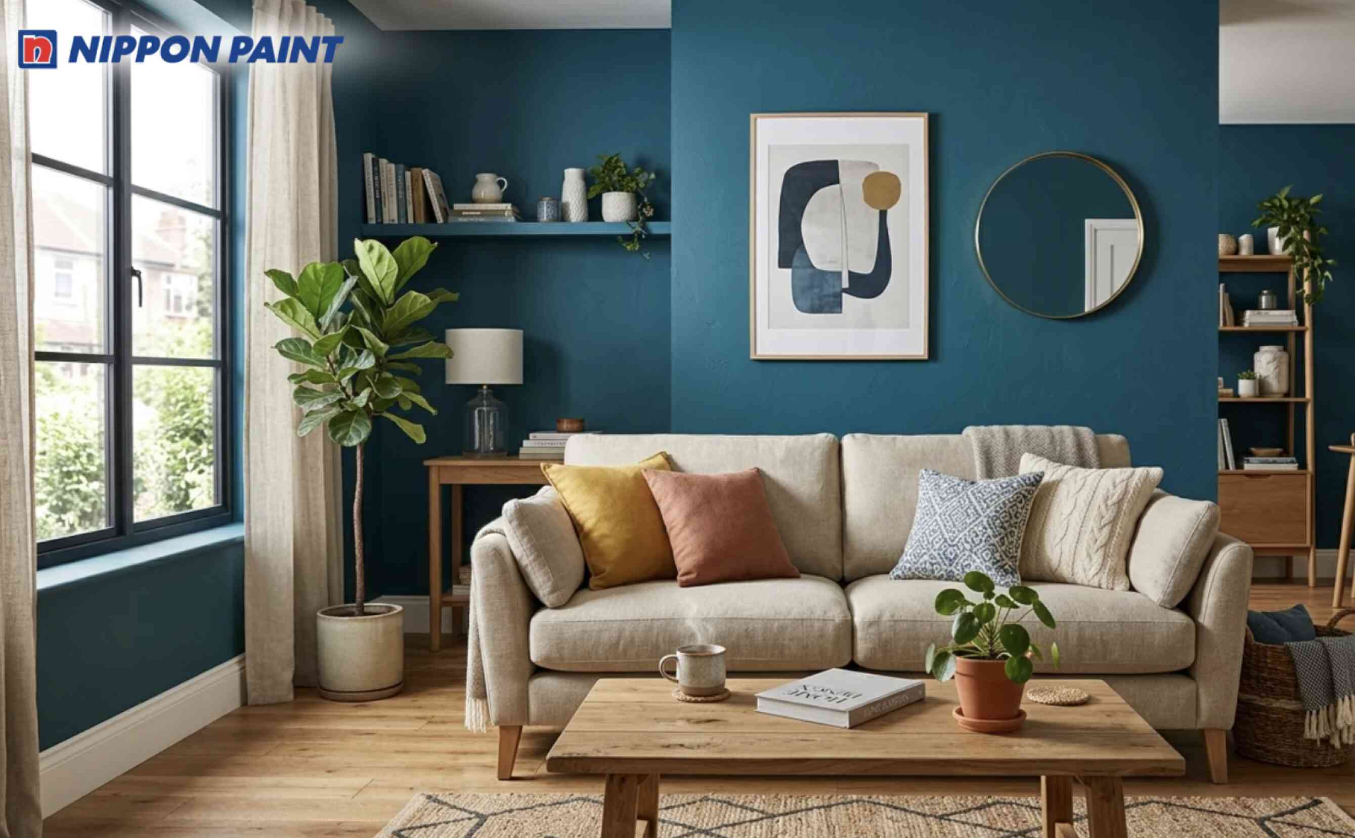 Phòng khách sử dụng tường xanh cổ vịt kết hợp sofa và bàn gỗ tự nhiên