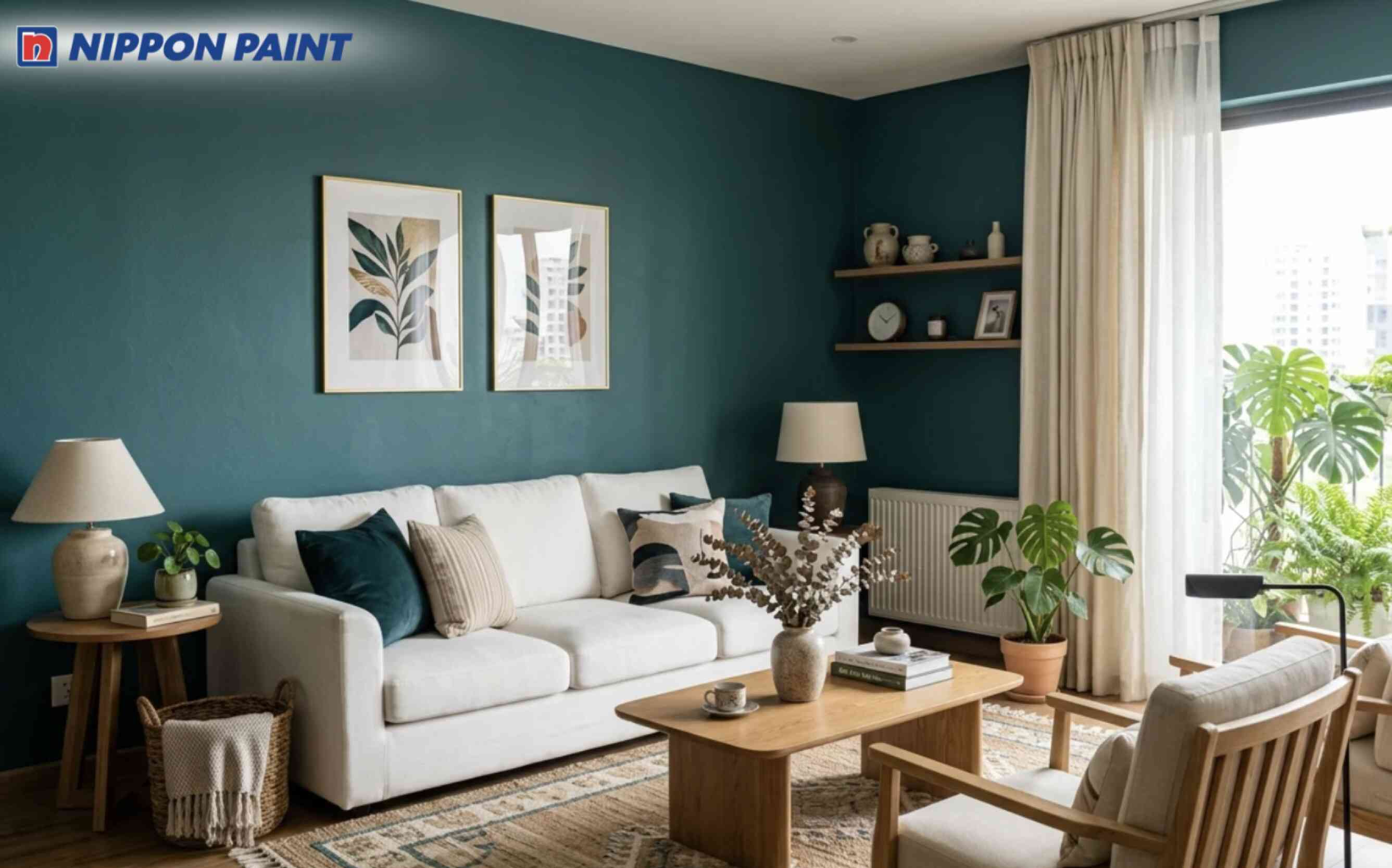 Phòng ngủ hiện đại với mảng tường xanh cổ vịt và đồ nội thất trắng