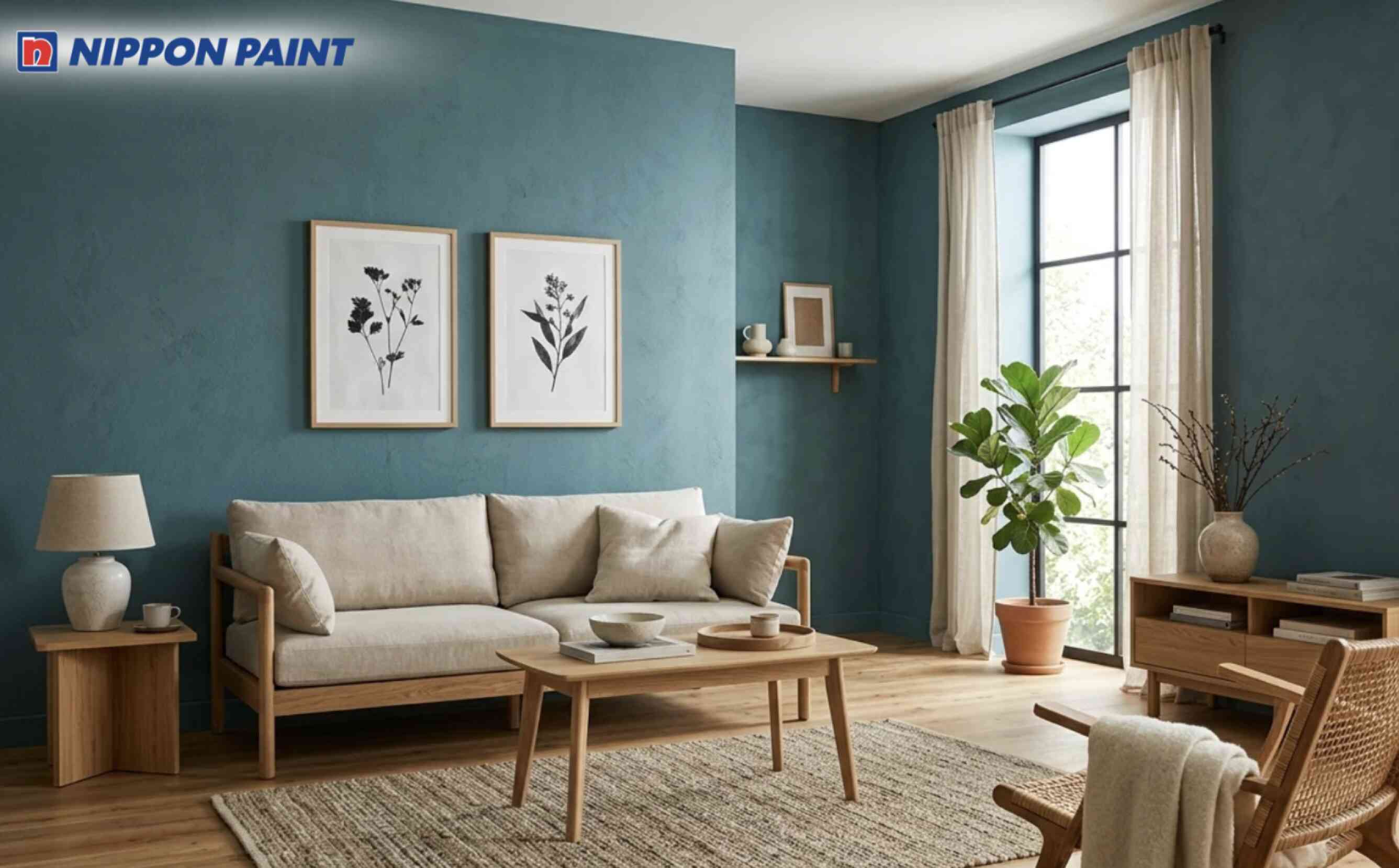 Phòng khách phong cách Japandi với tường xanh cổ vịt và đồ gỗ tự nhiên