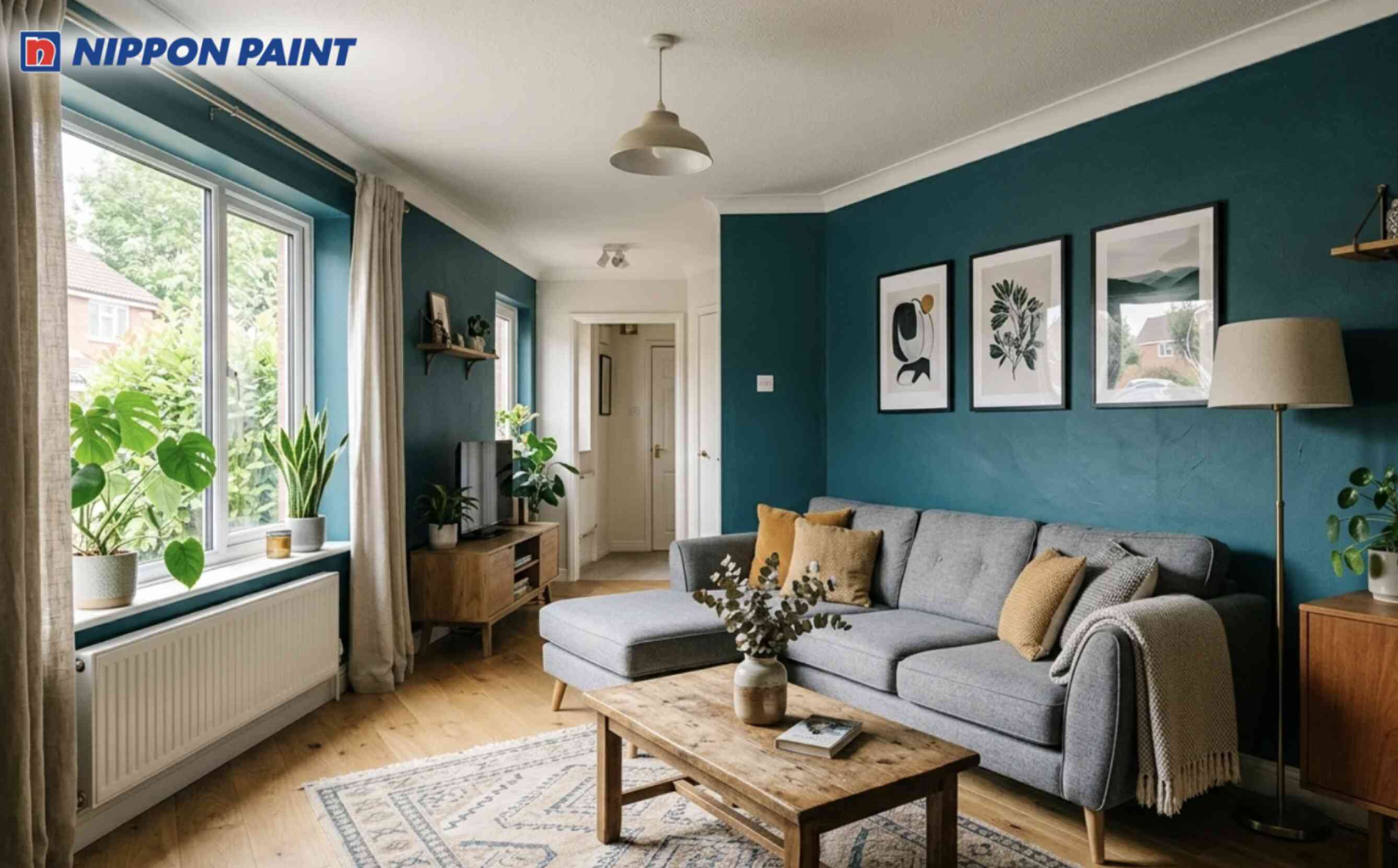 Không gian căn hộ hiện đại dùng xanh cổ vịt và xám ghi