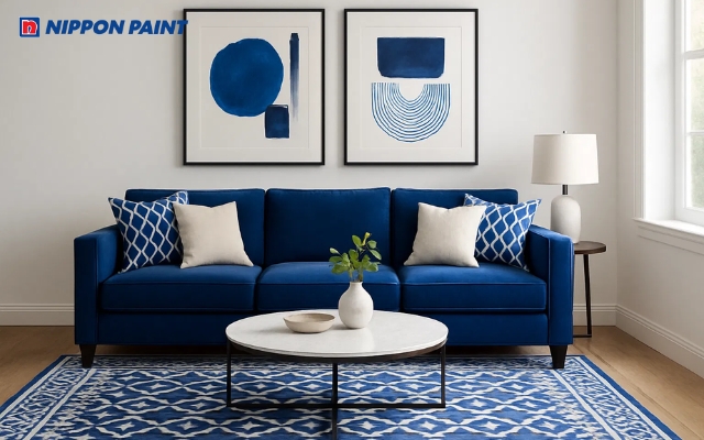 Mẫu phòng khách hiện đại theo tông xanh coban - trắng