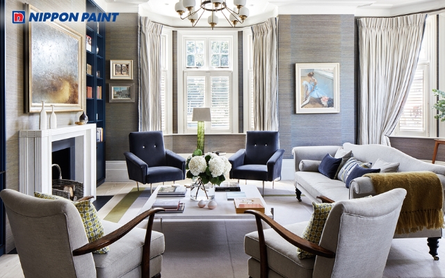 Phòng khách hiện đại theo tông màu xanh coban - xám tinh tế