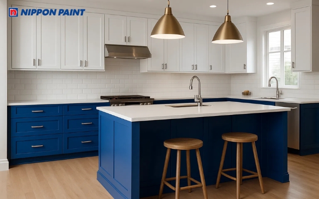 Cặp màu xanh coban - trắng tạo nên vẻ đẹp thanh lịch cho phòng bếp