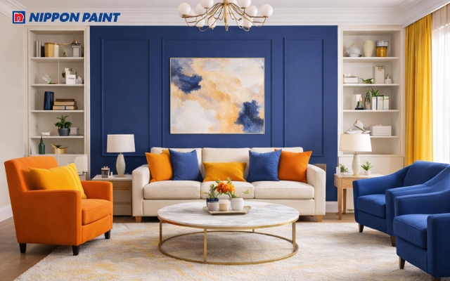 Phòng khách hiện đại tông màu xanh coban phối cam