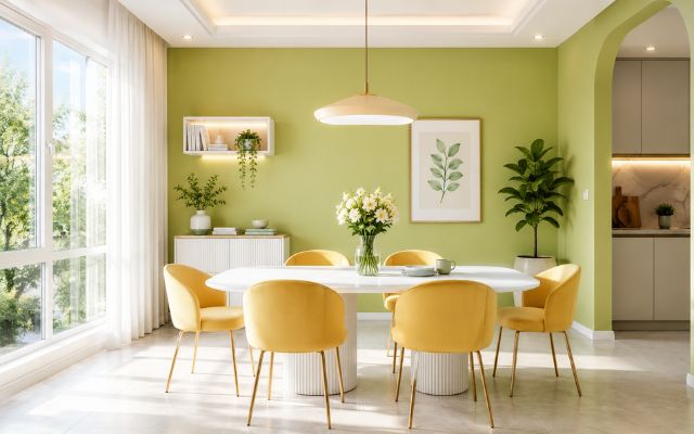 Xanh cốm đi với ghế vàng pastel giúp phòng ăn thêm ấm áp và sinh động