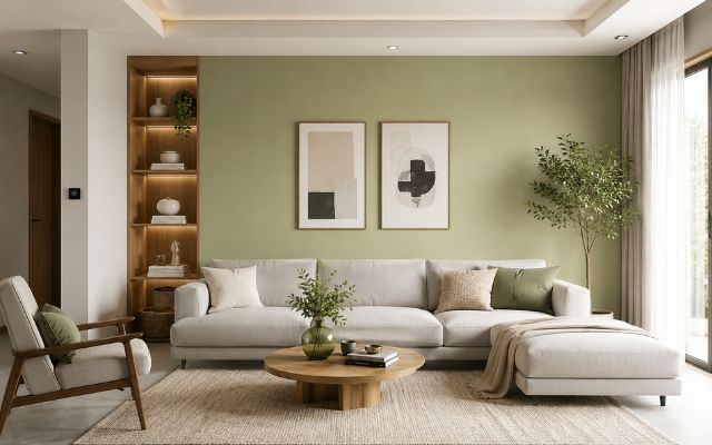 Xanh cốm phối sofa xám sáng giúp phòng khách trông tinh tế và bớt ngọt hơn