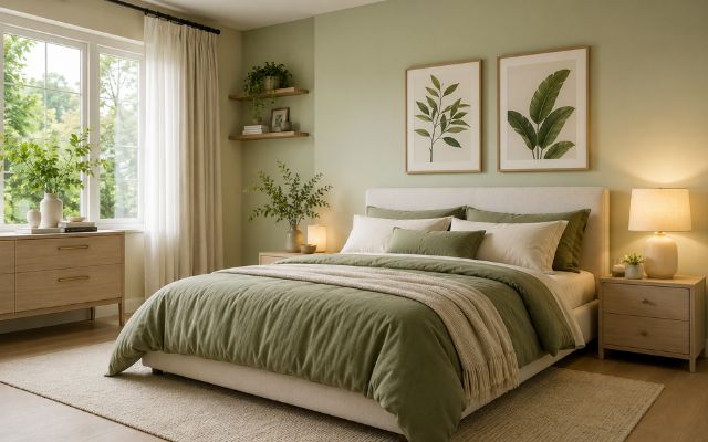 Xanh cốm đi với xanh rêu nhẹ và ánh đèn vàng tạo cảm giác ấm, yên tĩnh