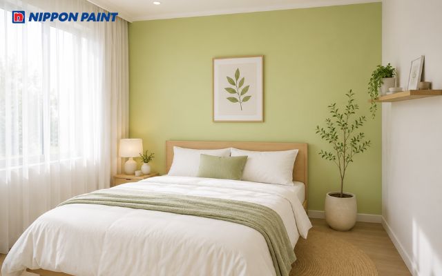 Xanh cốm phối ga giường trắng và rèm voan tạo không gian nghỉ ngơi thư thái