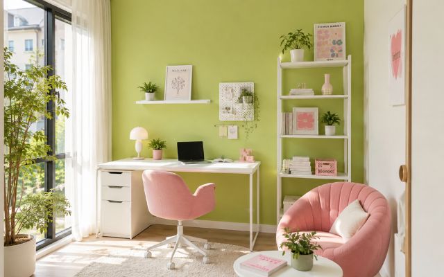 Xanh cốm đi với hồng pastel và trắng tạo góc studio trẻ trung, sáng mắt