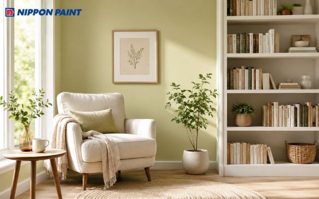 Xanh cốm phối ghế kem và kệ sách trắng tạo góc đọc sách nhẹ nhàng, thư giãn