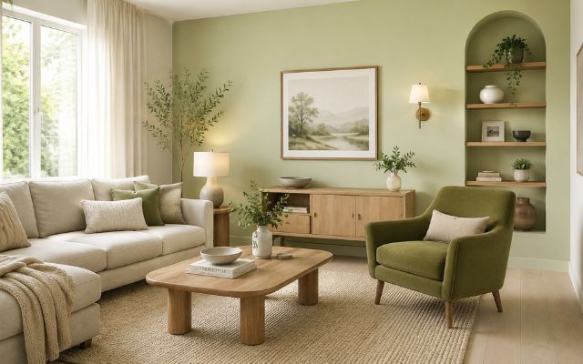 Xanh cốm nhạt phối xanh olive tạo chiều sâu tự nhiên cho không gian phòng khách