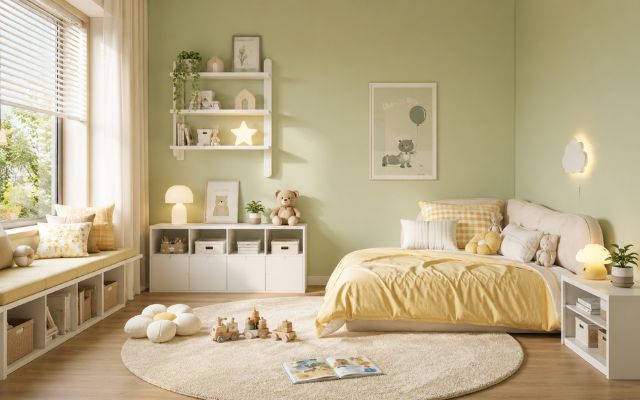 Xanh cốm nhạt phối vàng nhạt tạo cảm giác vui tươi, phù hợp với phòng trẻ em