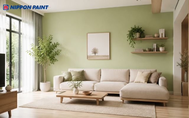 Xanh cốm đi với be và nâu gỗ tạo cảm giác gần gũi, tự nhiên cho phòng khách