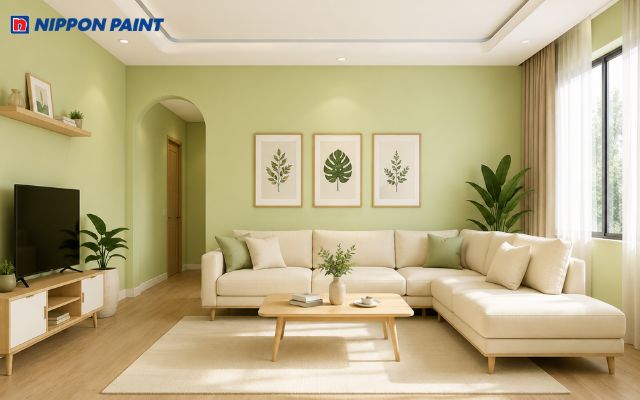 Phòng khách xanh cốm nhạt phối trắng và kem