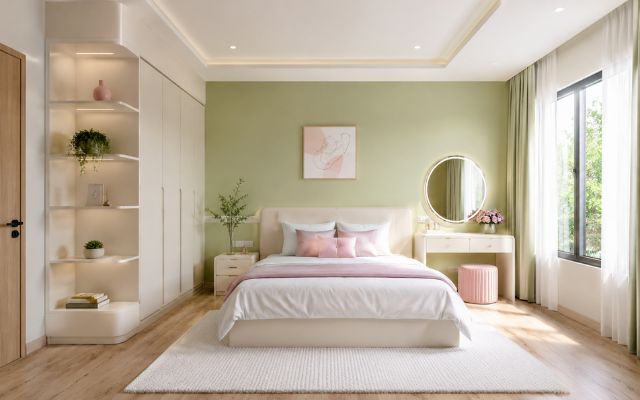 Xanh cốm phối hồng pastel mang lại cảm giác mềm mại, nhẹ nhàng cho phòng ngủ