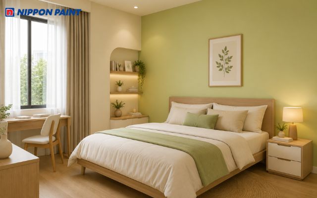 Xanh cốm nhạt đi với kem và gỗ sáng mang lại cảm giác ấm áp, tinh tế