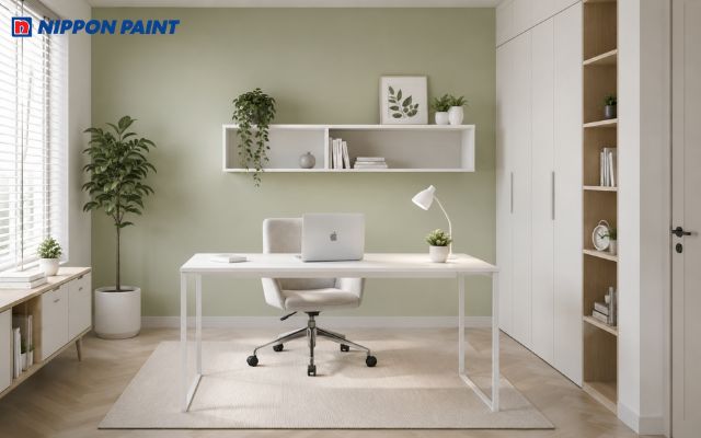 Xanh cốm nhạt đi với trắng và xám nhạt tạo góc làm việc gọn gàng, hiện đại