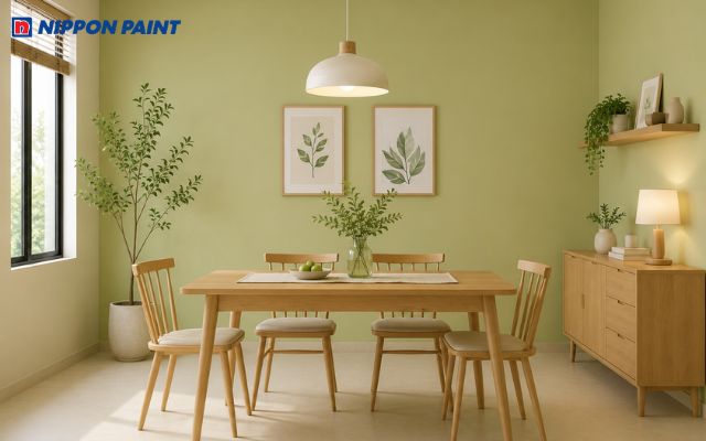 Xanh cốm phối bàn ghế gỗ tự nhiên giúp phòng ăn thêm ấm cúng và hài hòa