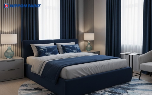 Phòng ngủ thanh lịch với gam màu xanh lam - xám trang nhã