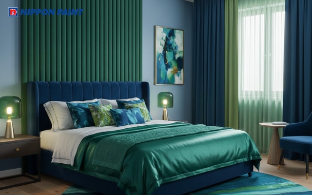 Phòng ngủ hiện đại tông màu xanh lam - xanh lá gần gũi với thiên nhiên