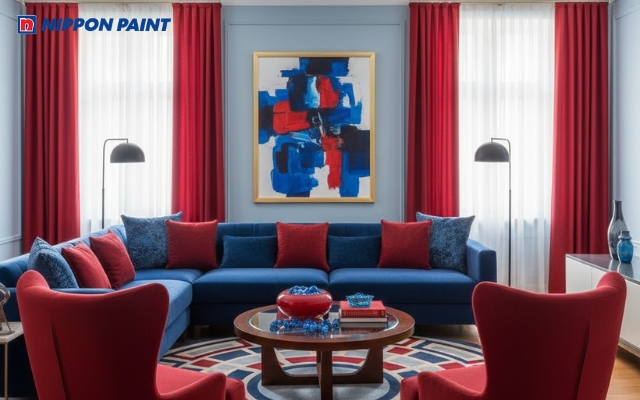 Phòng khách tông màu xanh lam - đỏ tạo ấn tượng mạnh cho khách đến chơi nhà