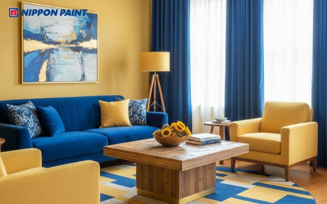 Phối màu xanh lam và vàng giúp căn phòng thêm phần ấm cúng