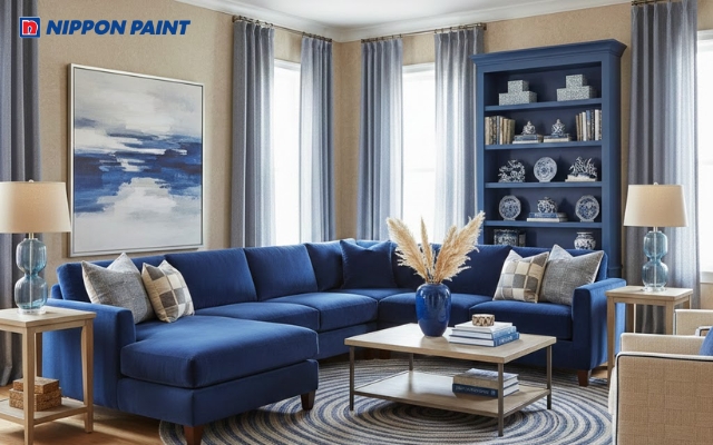 Xanh lam kết hợp với be tạo nên không gian sang trọng, thanh lịch