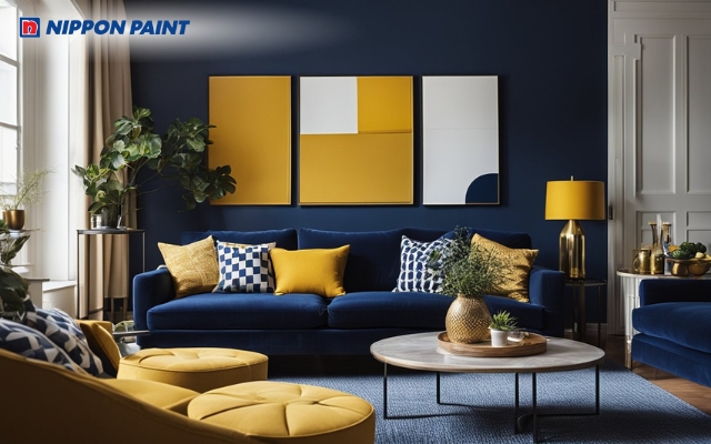 Điểm xuyết sắc vàng trên nền xanh navy giúp không gian sống luôn tràn đầy năng lượng tươi mới