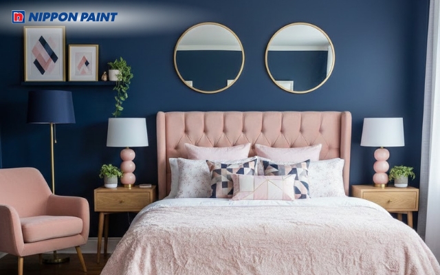 Sự hài hòa giữa xanh navy và hồng giúp căn phòng thêm phần duyên dáng và tinh tế hơn