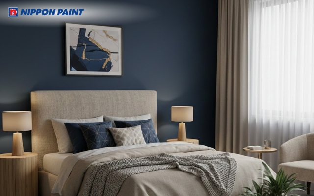 Tông màu be phối cùng xanh navy tạo không gian trang nhã, giúp thư giãn tâm trí sau ngày dài