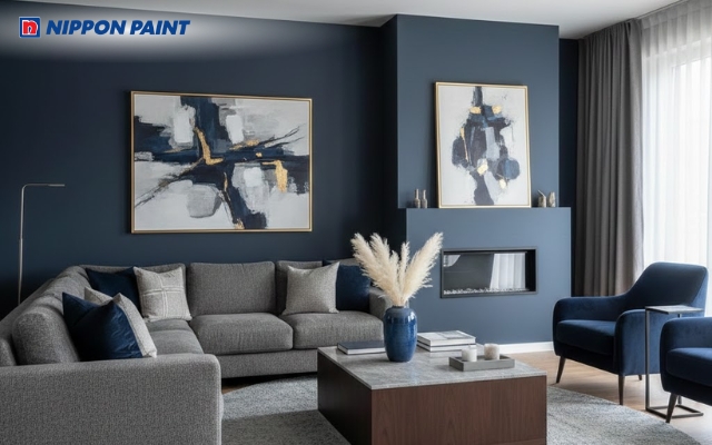Phối màu xanh navy và xám tạo cảm giác bình yên, giúp gia chủ thư giãn tinh thần hiệu quả