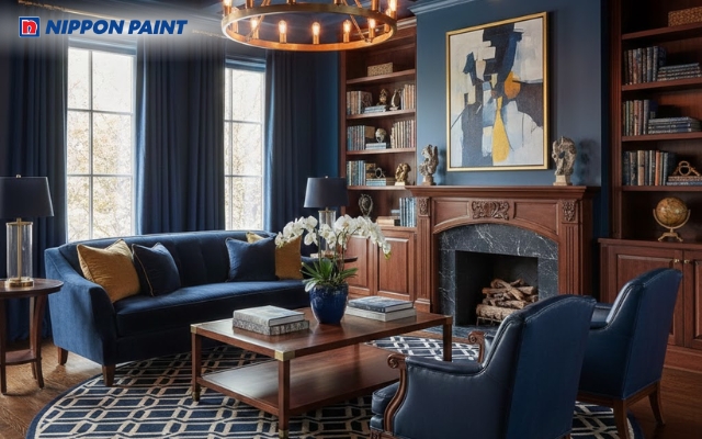Tường xanh navy phối cùng màu trầm gỗ tạo không gian ấm cúng, nâng tầm đẳng cấp ngôi nhà
