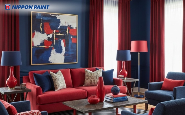 Phối màu đỏ và xanh navy tạo không gian quyền quý, giúp gia chủ khẳng định vị thế cá nhân