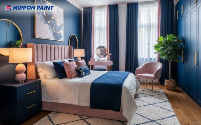 Xanh navy kết hợp hồng pastel tạo không gian lãng mạn, mang lại sự bình yên cho giấc ngủ